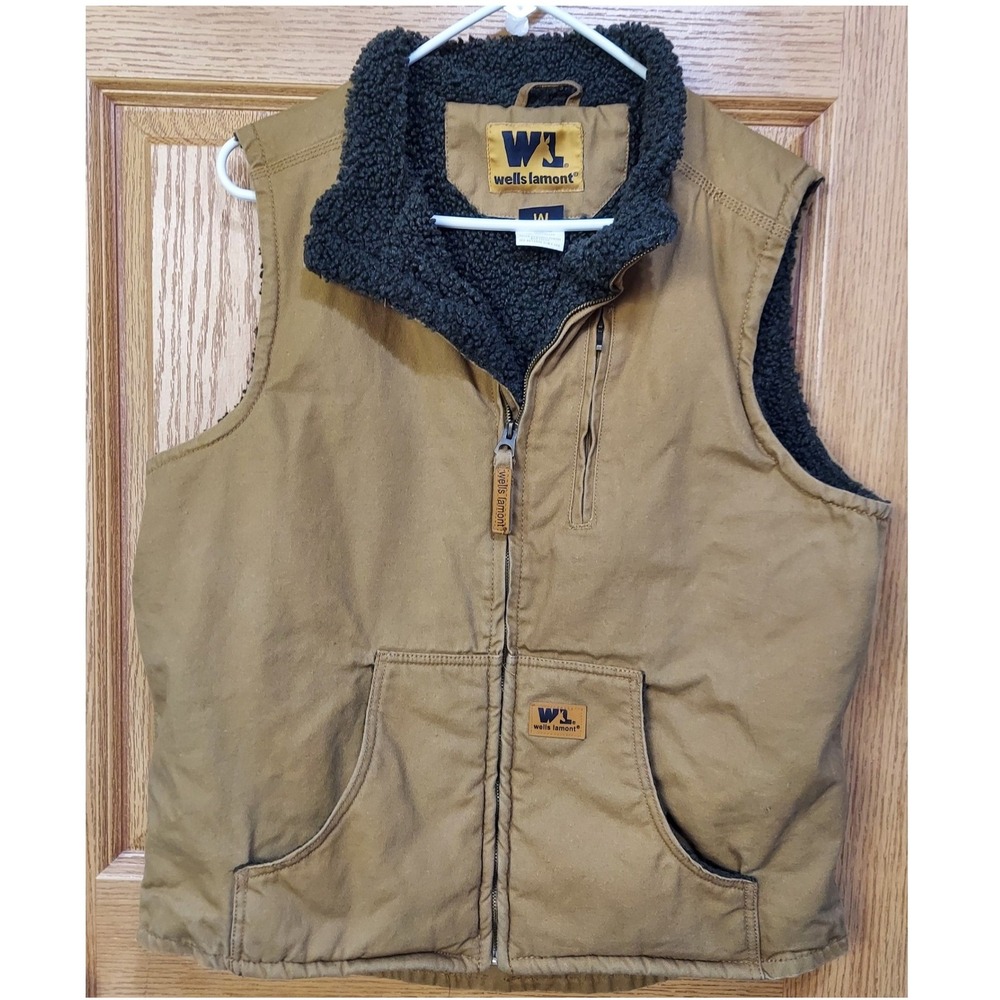 Wells Lamont Mens M Brown Canvas Sherpa Lined Workwear Vest Duck Cotton Zip Up